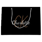 黒白モノグラム名前スクリプト 現代 エレガント ラージペーパーバッグ (正面)