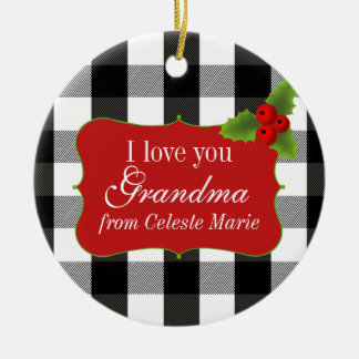 黒白ランバージャックプレイドホリーベリー セラミックオーナメント