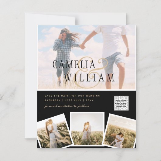 黒白写真 ウェディング 招待 QRコード 日程 保存 (正面)