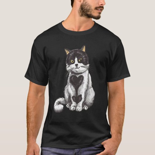 黒白猫のハート Tシャツ (正面)