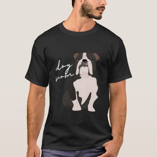 黒白英語ブルドッグ犬ママ女性 Tシャツ (正面)