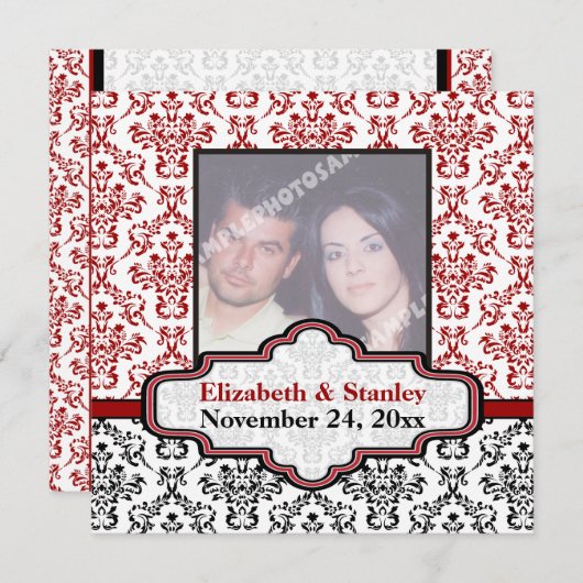 黒白赤のダマスク柄 結婚式 Save the Date セーブザデート (正面/裏面)