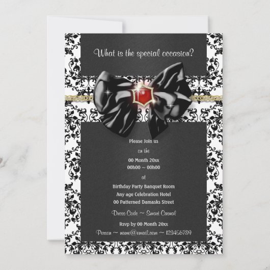 黒白赤のダマスク織 エレガント 招待状 (裏面)