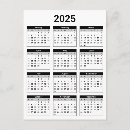 黒白2025年カレンダー ポストカード (正面)