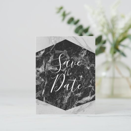 黒白&シルバーマーブル モダン セーブ・ザ・デート 案内ポストカード (スタンド正面)