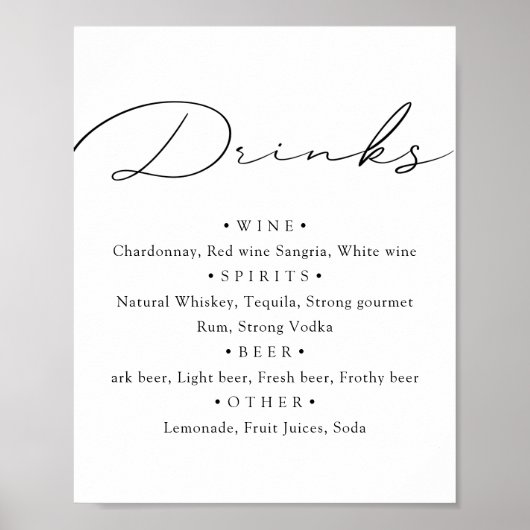 黒白。スタイリッシュなカリグラフィー結婚式メニューバー ポスター (正面)