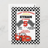 黒白 チェッカーフラッグ 赤 レースカー 子どもの誕生日 ポストカード (正面/裏面)