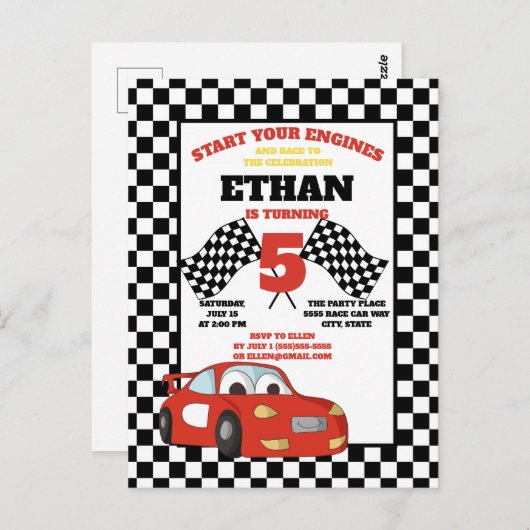 黒白 チェッカーフラッグ 赤 レースカー 子どもの誕生日 ポストカード (正面/裏面)