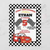 黒白 チェッカーフラッグ 赤 レースカー 子どもの誕生日 ポストカード (正面)