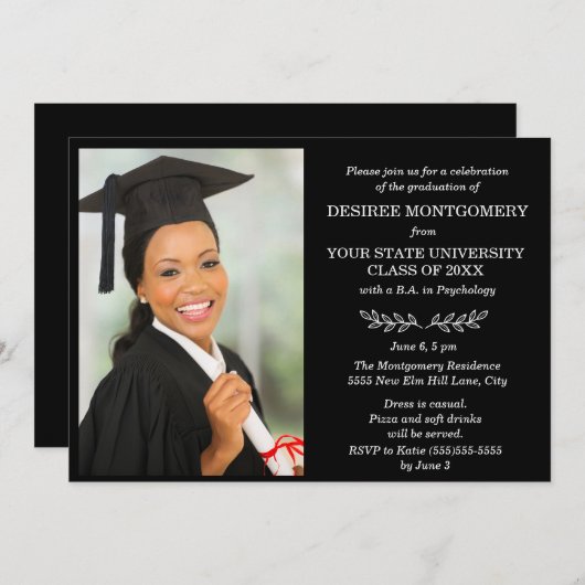 黒白 大学 卒業 写真 招待状 (正面/裏面)