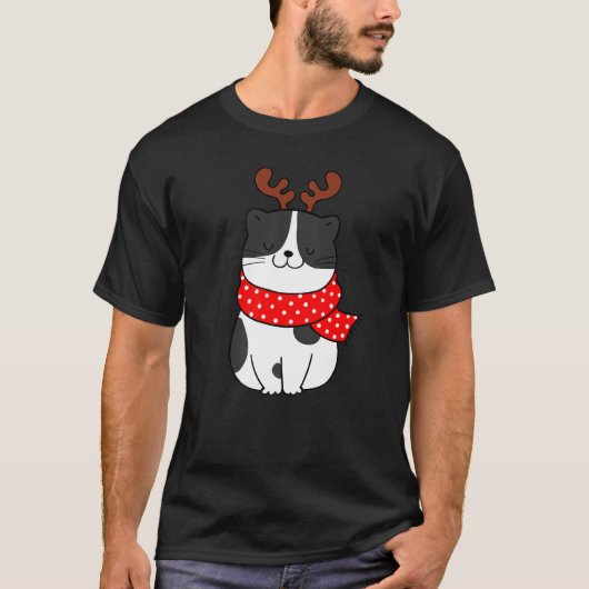 黒白 猫 クリスマス トナカイ 角 猫 Tシャツ (正面)