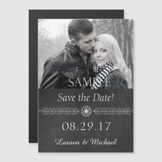 黒白Chalkboard Black and White Save the Date 結婚's マグネット招待状 (正面/裏面)