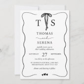 黒白QRコード手描きウェーブカーブボウ 招待状 (正面)