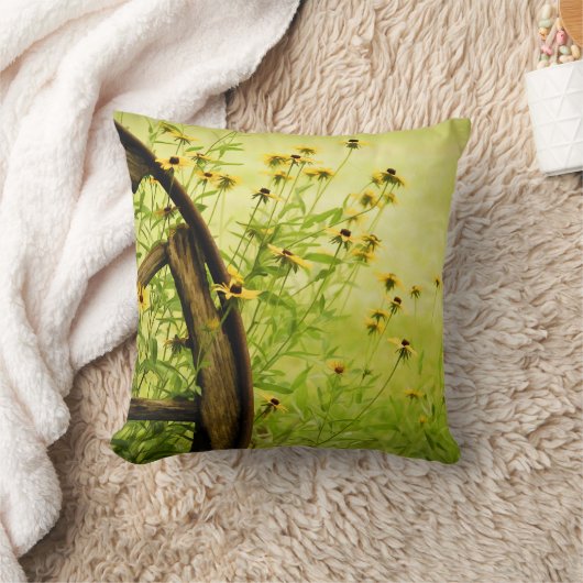 黒目のスーザンおよび荷馬車の車輪の写真 クッション (ブランケット)