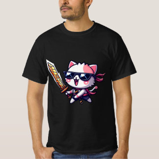 黒眼鏡と剣をスタイルしたロッカーキャット Tシャツ