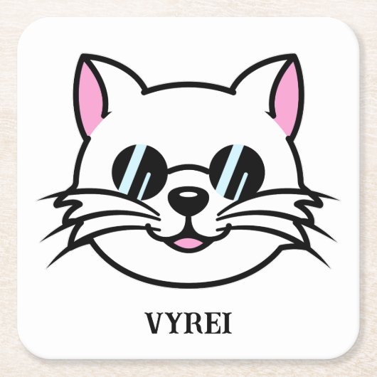 黒眼鏡・サングラスをかけている白猫 スクエアペーパーコースター (正面)