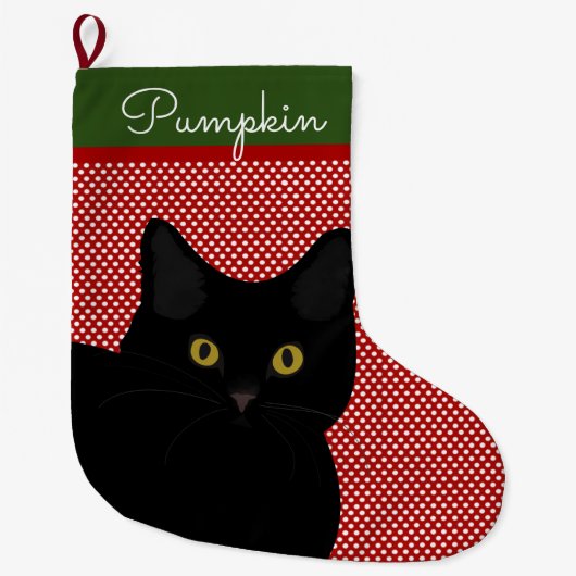 黒短毛キャットイエローアイズパーソナライズされた ラージクリスマスストッキング (正面)
