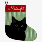 黒短毛キャットグリーンパーソナライズされた目 ラージクリスマスストッキング (正面)