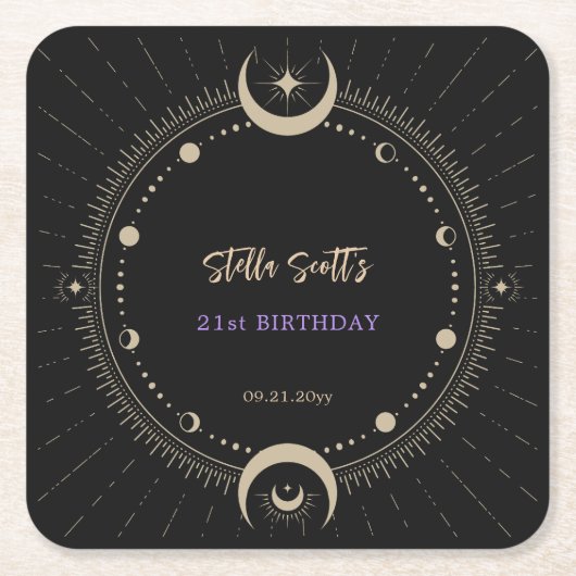 黒神秘的な天月21日誕生日 スクエアペーパーコースター (正面)