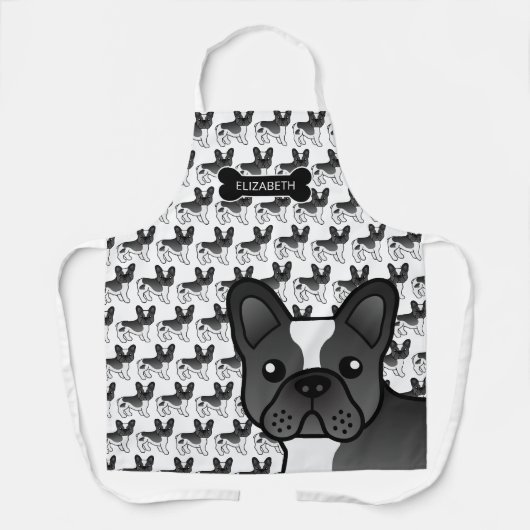黒空フランスのブルドッグかわいい漫画の犬と名前 エプロン (正面)