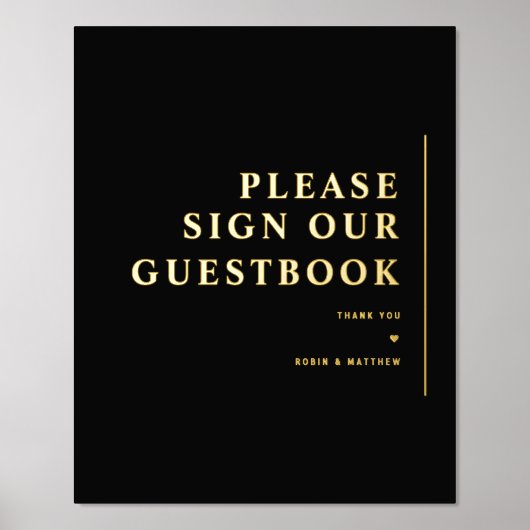 黒箔と金ミニマル箔結婚のゲストブックサイン 箔ポスター (正面)