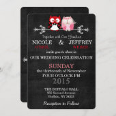 黒素朴い黒板フクロウ花嫁結婚の花婿 招待状 (正面/裏面)