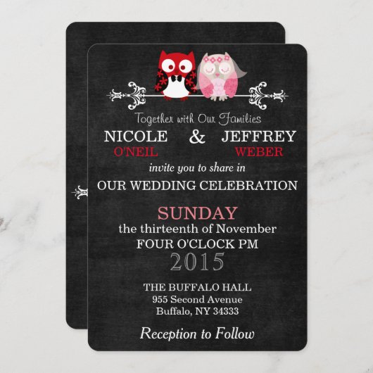 黒素朴い黒板フクロウ花嫁結婚の花婿 招待状 (正面/裏面)
