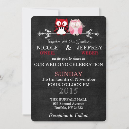 黒素朴い黒板フクロウ花嫁結婚の花婿 招待状 (正面)
