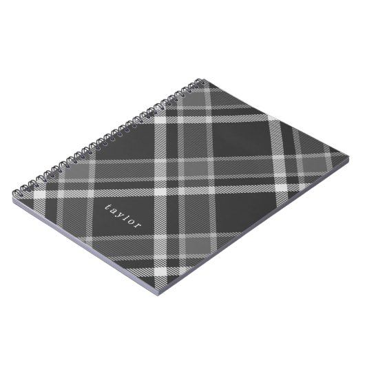 黒素朴と灰色のタータンチェックの格子付き名前 ノートブック (左側)