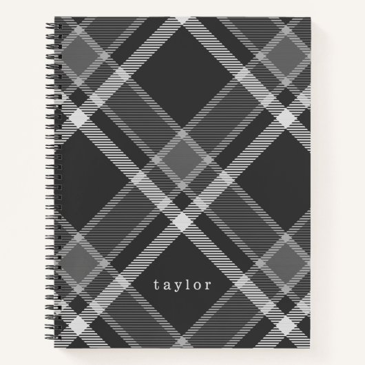 黒素朴と灰色のタータンチェックの格子付き名前 ノートブック (正面)