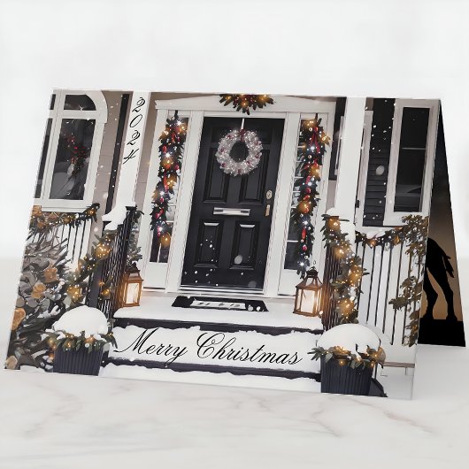 黒素朴と白の水の色のクリスマスフォト カード