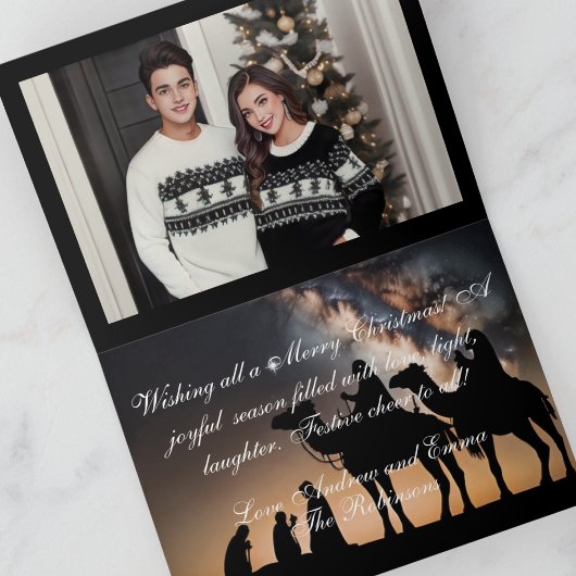 黒素朴と白の水の色のクリスマスフォト カード