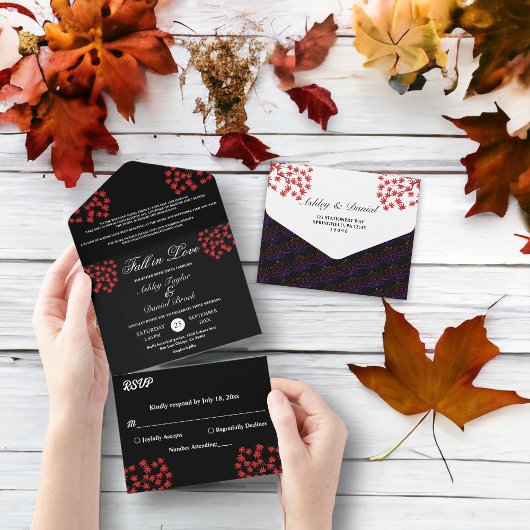 黒素朴と白の赤の葉秋の結婚式 オールインワン招待状