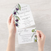 黒素朴と緑のオリーブの枝の水色 オールインワン招待状 (貼ってはがせる)