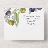 黒素朴と緑のオリーブの枝の水色 オールインワン招待状 (裏面)