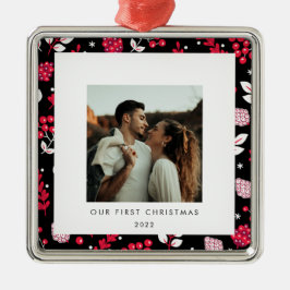 黒素朴と赤のクリスマスパターン写真 メタルオーナメント