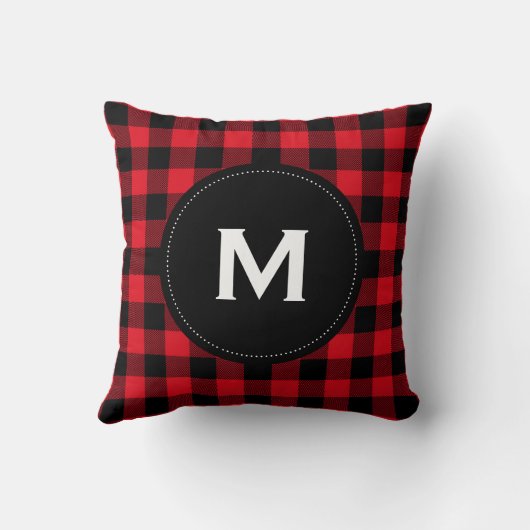 黒素朴と赤の格子模様モノグラム クッション (裏面)