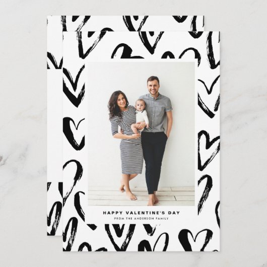 黒素朴ハートパターンハッピーバレンタインデー シーズンカード (正面/裏面)