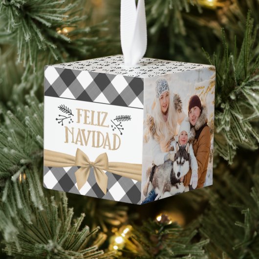 黒素朴バッファローPlaid FELIZ NAVIDAD 2写真 キューブオーナメント (ツリー)