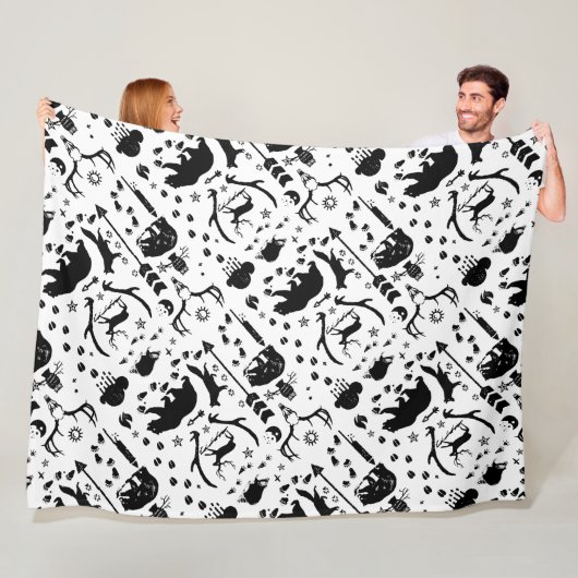 黒素朴フクロウクマ鹿キツネ木地模様 フリースブランケット (インサイチュ)