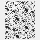 黒素朴フクロウクマ鹿キツネ木地模様 フリースブランケット (正面)