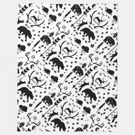 黒素朴フクロウクマ鹿キツネ木地模様 フリースブランケット (正面)