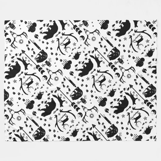 黒素朴フクロウクマ鹿キツネ木地模様 フリースブランケット (正面(横))