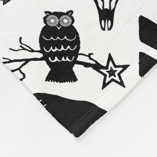 黒素朴フクロウクマ鹿キツネ木地模様 フリースブランケット (角)