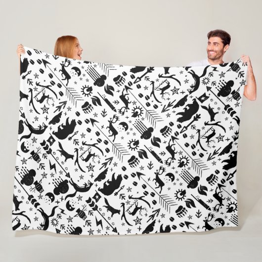 黒素朴フクロウクマ鹿キツネ木地模様 フリースブランケット (インサイチュ)