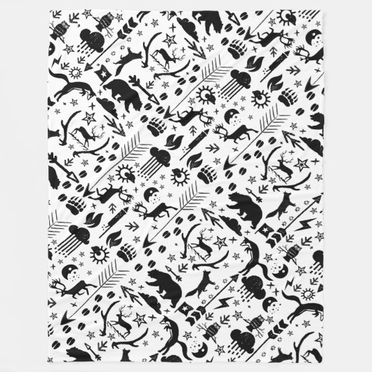 黒素朴フクロウクマ鹿キツネ木地模様 フリースブランケット (正面)