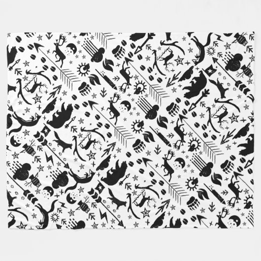 黒素朴フクロウクマ鹿キツネ木地模様 フリースブランケット (正面(横))