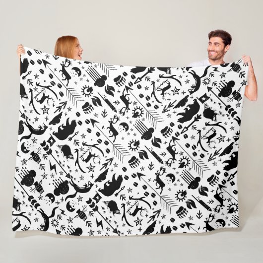 黒素朴フクロウクマ鹿キツネ木地模様 フリースブランケット (インサイチュ)