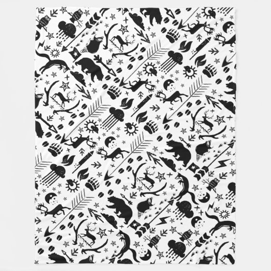 黒素朴フクロウクマ鹿キツネ木地模様 フリースブランケット (正面)