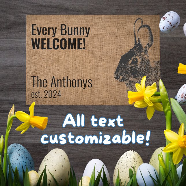 黒素朴モダンバニーラビットウェルカムマット ドアマット (Bunny entryway mat greets guests with your custom text and name is perfect all year long!)
